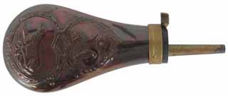 Used ~ Powder Flask,
Remington Pistol style flask,
brass, with patina finish,
used, accepts 10-1mm threads, image is a stock photo